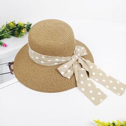 Womens Mens Wide Brim Straw Panama Hat With Decorative Polka Dot Bow Summer Beach Sun Hat UPF Straw Hat for Women