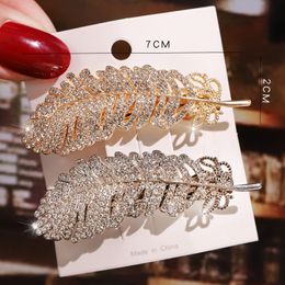 Fashion Feather Hair Clips With Rhinestones Women Gold Silver Metal Hairpins