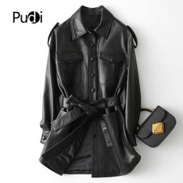 Pudi Women Genuine Leather Coat Jacket Winter Real Leather Girl Female Long Coats Trench Jackets Black Color A29108 211011