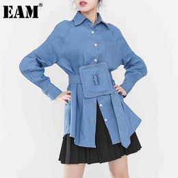 [EAM] Women Big Size Belt Blue Denim Dress Lapel Long Lantern Sleeve Loose Fit Fashion Spring Autumn 1DD415205 210512