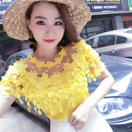 Tassel Lace Blusas Summer Sexy floral Women's Blouse Short Sleeve Crocheted Hollow-out Fashion White Lace Top Bottom Shirt 602i 210323