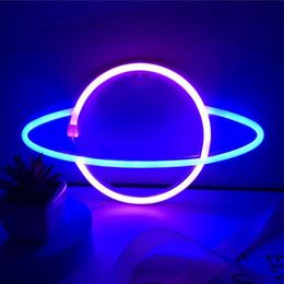 Night Lights LED Neon Lamp Elliptical Planet Shaped Wall Sign Desk USB Hanging For Bedroom Home Party Holiday Decor