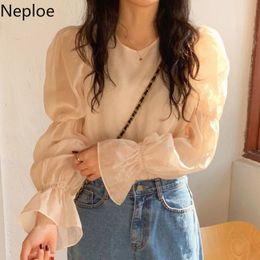Neploe Women Blouse Vintage Flare Sleeve O Neck Lace-up Shirts Soft Elegant Loose Chiffon Tops Korean Solid Colour Fashion Blusas 210422