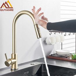 Champagne Bronze Gold Sensor Kitchen Faucets Sensitive Smart Touch Control Faucet Mixer Tap Touch Sensor Smart Kitchen Taps 211108