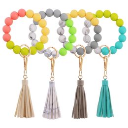 protective charms UK - Silicone Beads Bracelets Keychains PU Leather Tassel Wrist Key Ring for Car Keys Protective Anti Lost Keyring Chain Accessories Rainbow Color Wristlet Bag Charms