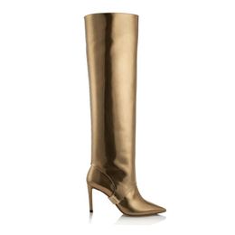 Boots Golden Pointed Toe High Women's Runway Heels Sexy Mirrored Leather Stiletto Est Big Size Botas Mujer