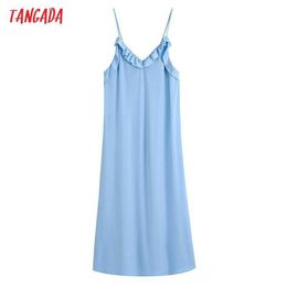 Tangada Summer Fashion Women Blue Ruffles Midi Dress Sleeveless Backless Female Casual Dress CE224 210609