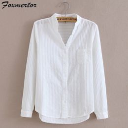 Foxmertor 100% Cotton Shirt White Blouse Spring Autumn Blouses Shirts Women Long Sleeve Casual Tops Solid Pocket Blusas #66 210317