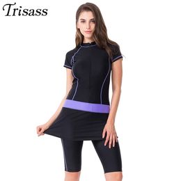 Trisass Two Piece Skirt Swimsuit For Women Sports Surf Suit Tankini Long Pants Bathing suit With Zipper Sleeve Swimwear 210702