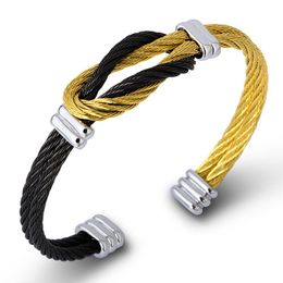 Titanium Steel Men's Twisted Cable Wire Bracelets & Bangles Unisex Punk Jewellery Black France Cuff Knot Bracelet Wholesale Bangle