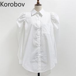 Korobov Turn Down Collar Puff Long Sleeve Single Breast Blouse Women Office Lady Solid Blusas Korean Elegant Shirts 210430