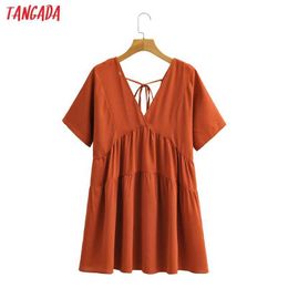 Tangada Women Oversized Orange Dress V Neck Short Sleeve Females Mini Dresses Vestidos 1F188 210609