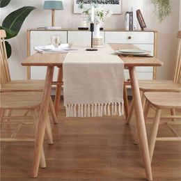 Cilected Modern Simple Table Runner Beige Handmade Tassel Cotton Linen cloth Household Runners Decoration 210628