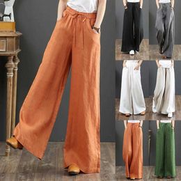 Women Vintage Causals Cotton Linen High Waist Pants Mopping Straight Trousers,with Pockets,Solid Color hot sales Q0801