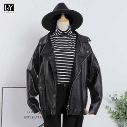 LY VAREY LIN PU Faux Leather Jackets Women Autumn Turn Down Collar Adjustable Belt Zippers Slim Moto Biker Streetwear 210526
