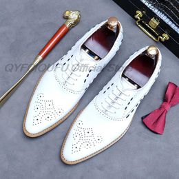 2022 Autumn White Men Shoes Elegant Mens Pointed Toe Oxford Lace Up Genuine Leather Dress Shoes Wedding Party Formal Shoes