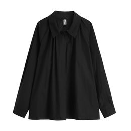 Women Black White Turn Down Collar Long Sleeve Loose Button Shirt Spring Summer Pleated B0530 210514