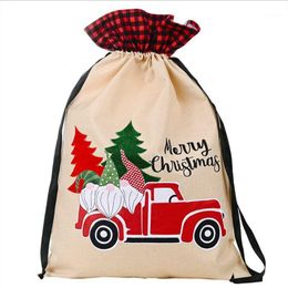 Christmas Decor Linen Pouch Santa Forest Car Gift Bag Snowflake Crisp Drawstring Apple Decoration Wrap