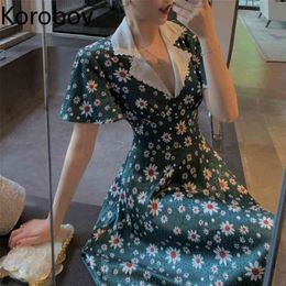 Korobov Vintage Flower Print Women Summer Dress New Chic V Neck Hit Color Patchwork Dresses Korean Chic A-Line Vestidos 210430