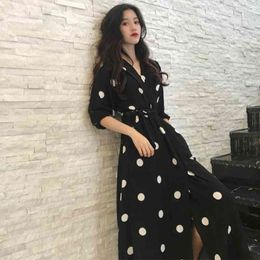 SuperAen New Summer Elegant Women's Long Dress Korean Style Fashion V-Neck Ladies Casual Half Sleeve Dot Female 210325