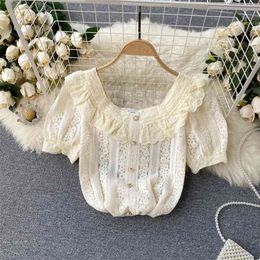 Lace Blouse Women Fashion Sexy Wood Ear Round Neck Breasted Slim Short Sleeve Shirt Summer Tops Clothes S195 210527