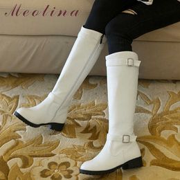 Meotina Woman Boots Mid Heel Knee High Boots Zipper Thick Heel Long Boots Buckle Round Toe Ladies Shoes Autumn Winter White 210608