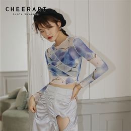 Mesh Crop Top Long Sleeve T Shirt Women Printed Tshirt Transparent Ladies Tight Patchwork Summer Fashion 210427