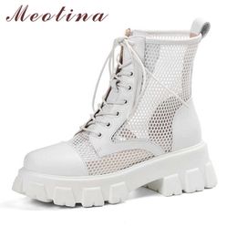 Meotina Real Leather Short Boots Women Shoes Platform Thick Heels Ankle Boots Cutouts Lace Up High Heel Boots Lady Black White 210608