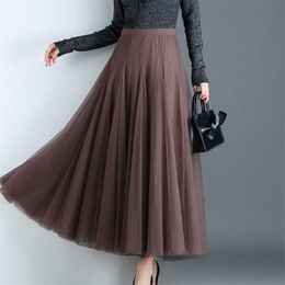 Womens Black Grey White Adult Tulle Skirt Female Elastic High Waist Long Pleated Skirt Elegant Ladies Summer Clothes Tutu Skirt 210619