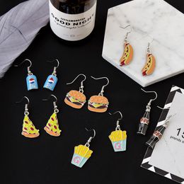 Creative Food Drink Dangle Earring Sausage Hamburger Drinking Bottle Fries Cola Drop Earrings for Women Fashion Jewellery