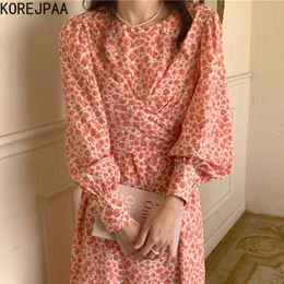 Korejpaa Women Dress Korean Fashion Chic French Elegant O-neck Floral Design Cross Strap Waist Slim Bubble Sleeve Vestido 210526