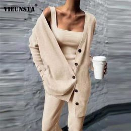 Autumn Winter Solid Knitted Sweater 3pcs Outfits Women Off Shoulder Top Cardigan and Long Pants Suit Sexy Button Office Lady Set 211007