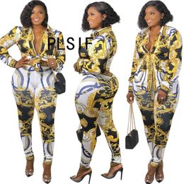 Vintage style print women clothes set full sleeve shirt and pencil pants two piece vintage fashion suit 210930