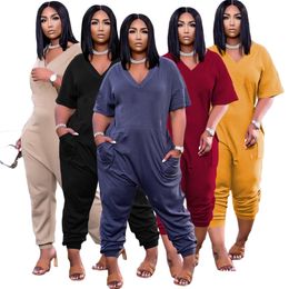New Summer Clothes Women short sleeve Jumpsuits plus size 3XL Rompers Casual loose Overalls gray bodysuits Sports black pants DHL 4960