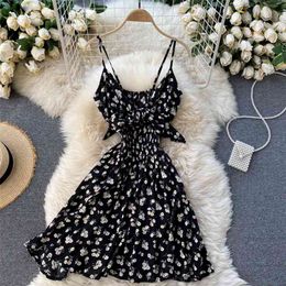 Spring Summer Women Fashion Seaside Holiday Sexy V Neck Elastic Waist A-line Dress Sleeveless Floral Print Vestidos R791 210527