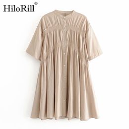 Women Vintage Khaki Mini Dress Summer Short Sleeve Loose Pleated es Stand Collar Casual Cotton Ropa Mujer 210508