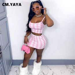 Active Houndstooth Women Two 2 Piece Set Outfits Tank Tops and Midi Mini Skirts Matching Set Tracksuit CM.YAYA 210730