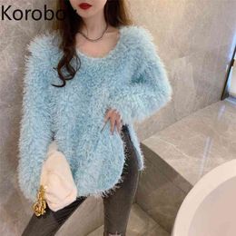 Korobov Vintage Mohair Sweaters Korean Long Sleeve Turn-Down Collar Sueter Mujer New Chic Office Lady Female Pullover 210430