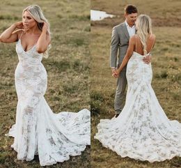 Sexy Boho Mermaid Wedding Dress Chic Rose Flower Lace Spaghetti Straps Open Back Bohemia country Bridal Gowns