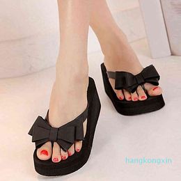 New Arrival Women Fashion Platform Mid Heel Flip Flops Beach Sandals Bowknot Slippers Shoes Y22022