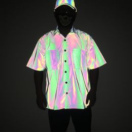 Reflective Shirts For Men Short Sleeve Casual Oversize Mens Shirt Summer Nightclub Night Running Chemise Homme Rainbow Camisas 210524