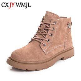 CXJYWMJL Genuine Leather Women's Martin Boots Autumn Winter British Style Motorcycle Ankle Boots Ladies Retro Warm Booties Y0905