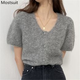 Vintage Elegant Knitted Cardigan Tops Women Summer Short Sleeve O-neck Single Breasted Sweet Sweater Korean Ladies Jumpers 210513