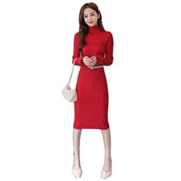 Knitted Dress Women Spring Korean Fashion Beading Belt Temperament Elastic Slim Sweater Dresses Vestido Feminina LR1022 210531