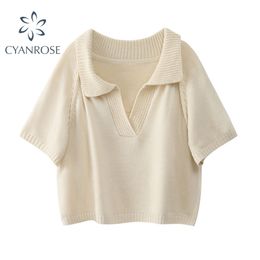 Vintage Korea Short Knitted Sweater Thin Pullovers Fashion Short Sleeve Summer Casual Female Crop Top Ropa Mujer 211123