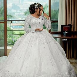 Plus Size A Line Wedding Gowns Beading Long Sleeve Crystal Sequins V Neck Bridal Party Dresses Vestidos De Novia