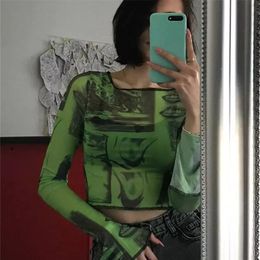 Y2K Mesh Top Women Streetwear Long Sleeve Graphic Tee See Through O Neck Tops Slim Anime T-shirt Sexy Crop Top Women Clothing 220207