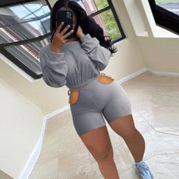 Women's Tracksuits Sexy Fitness Matching Two Piece Short Sets For Women Long Sleeve Bandage Crop Top Cut Out Hole Biker Summer Suit