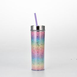 16oz skinny tumbler double-layer plastic straw cup summer party rainbow gradient glitter straight bottle for girls womensea shipping CCD8005