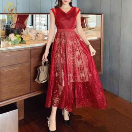 Fashion Designer Summer Red Dress Women Sleeveless Lace Hollow Out Patchwork Long Party 210520